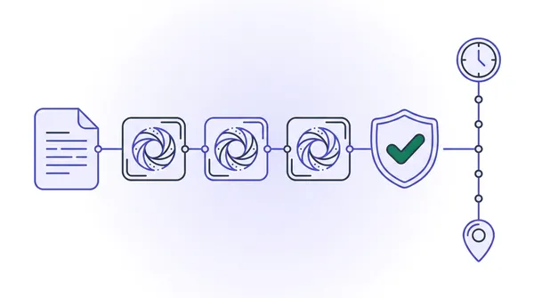 איור: audit trail בחתימה דיגיטלית — מסמך, שרשרת טביעות אצבע דיגיטליות וציר זמן אירועים